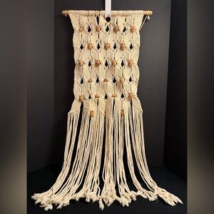 Anthropologie Boho Macrame Wall Hanging Wood Beads Fringe Bohemian Decor